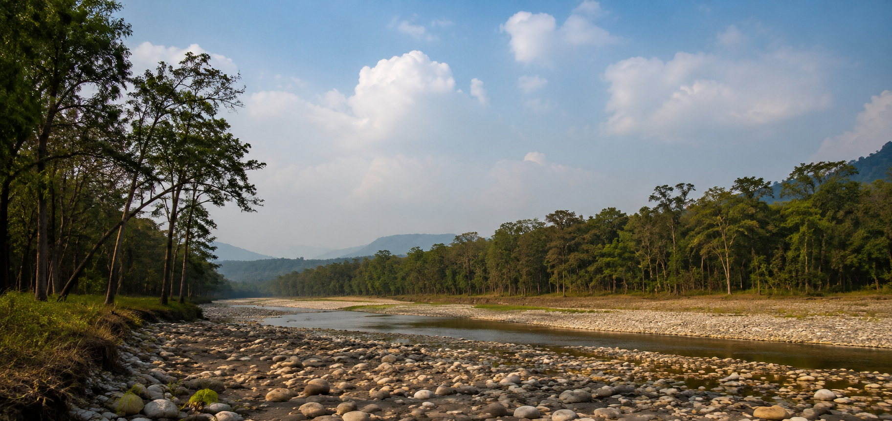 Breathtaking wide seasonal riverbed landscape panorama of Jhirna Corbett